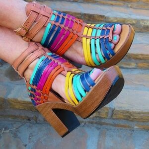 Handmade Colorful Leather Mexican Huarache Sandal Heels